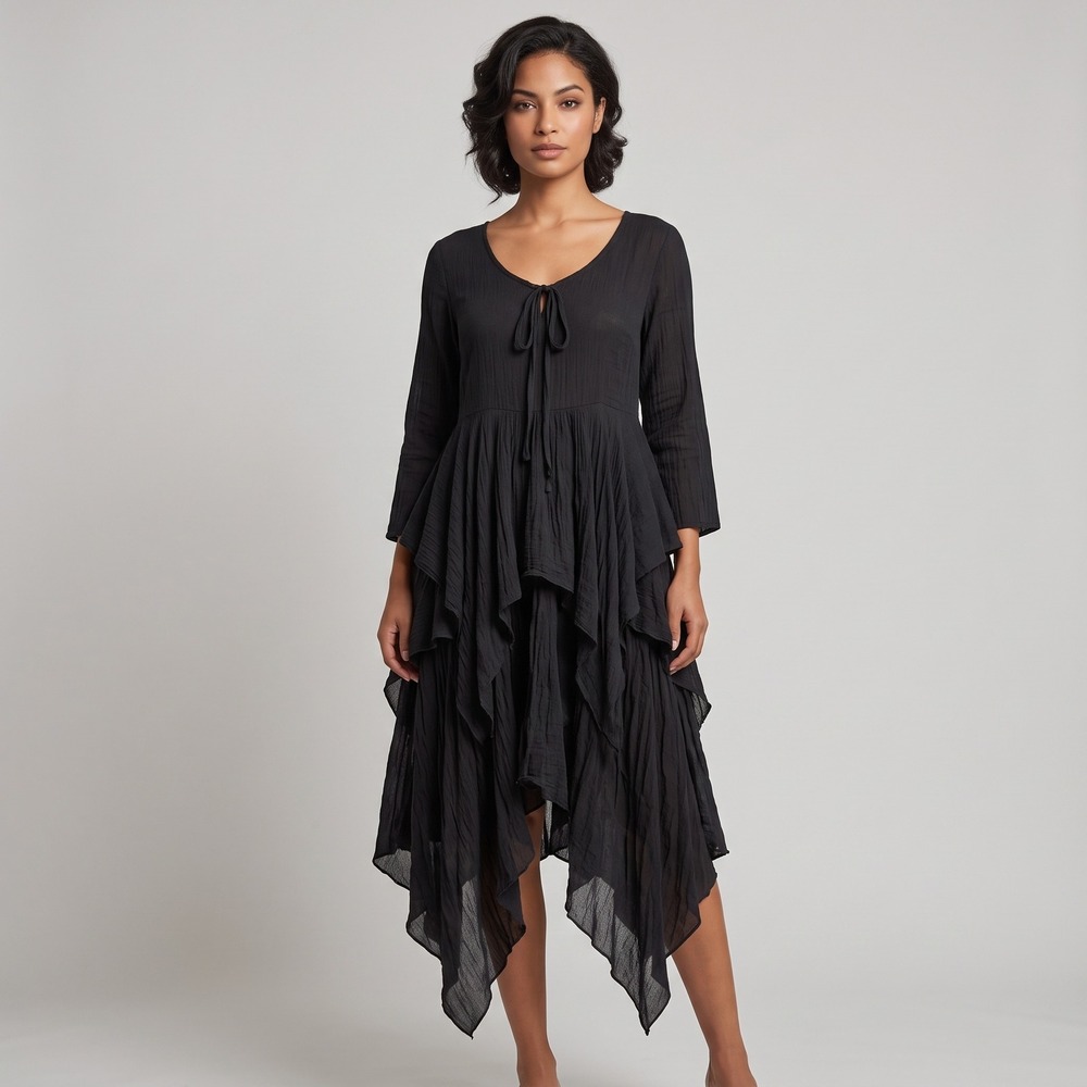 Lindi Dress Women's M NWT $148 Black Handkerchief Hem Tiered Crinkle V-Neck Tie